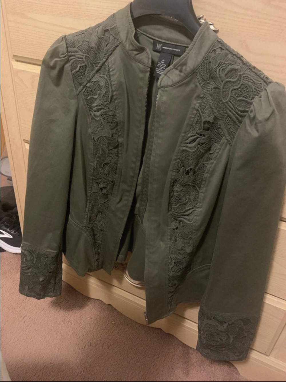 INC International Concepts Olive Green Lace-Trim Utility Jacket